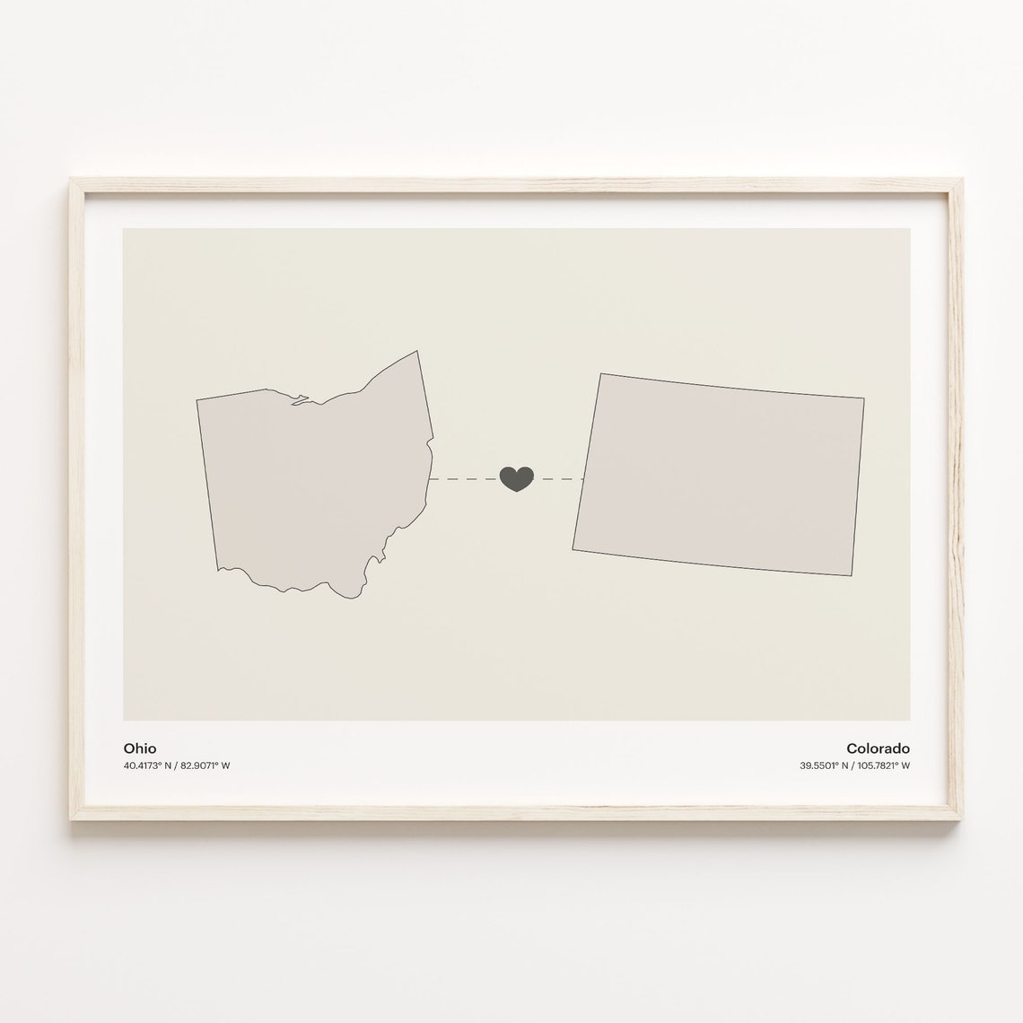Ohio to Colorado Modern Minimalist Map Heart Line Art Poster
