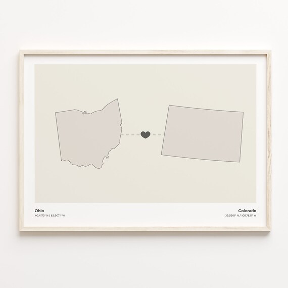 Ohio to Colorado Modern Minimalist Map Heart Line Art Poster