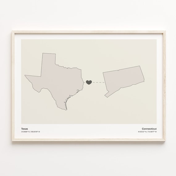 Texas To Connecticut Print Connecticuter Gift Minimalistic State Connection Map Poster Travel Wall Art Ldr C211253