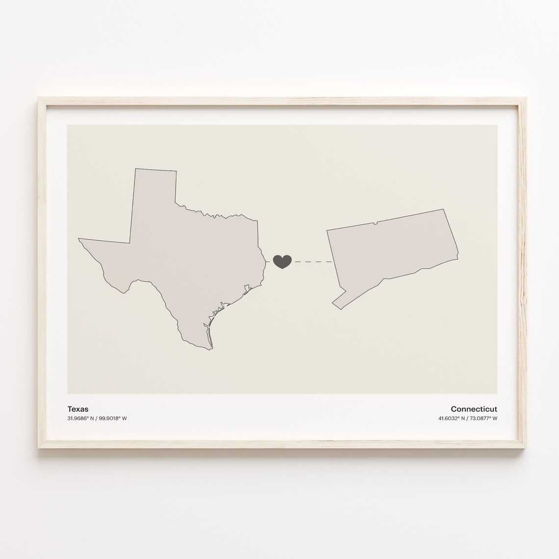 Texas and Connecticut Long Distance Heart Map Connection Poster