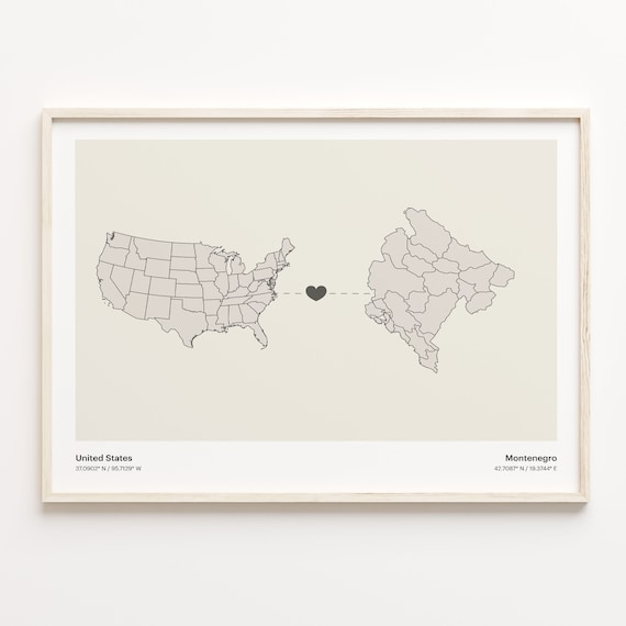 United States to Montenegro Minimalist Heart Map Connection Poster