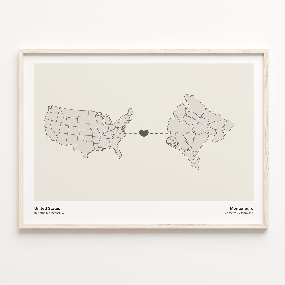 United States to Montenegro Minimalist Heart Map Connection Poster
