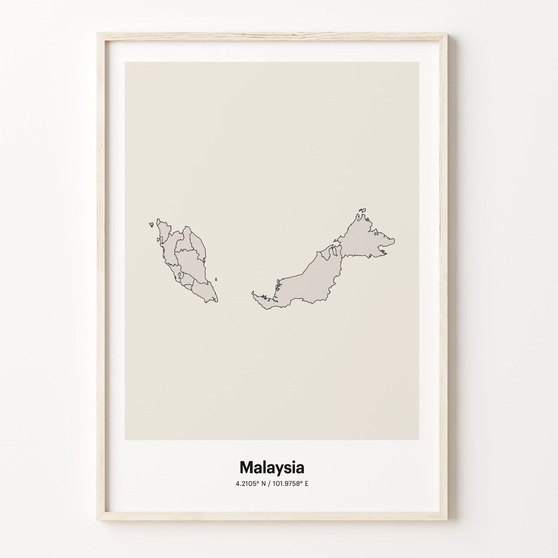 Malaysia Minimalist Map Poster With Printed Coordinates Neutral Home Decor