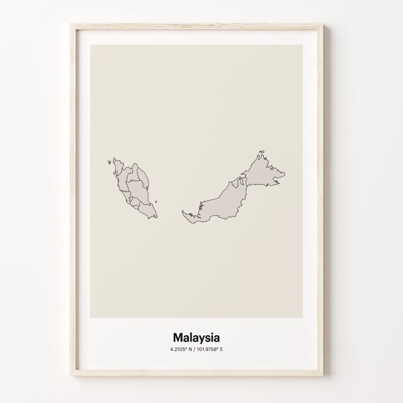 Malaysia Minimalist Map Poster With Printed Coordinates Neutral Home Decor