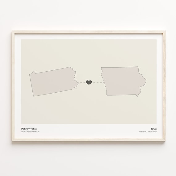 Pennsylvania To Iowa Heart Connection Minimalist Beige Map Poster