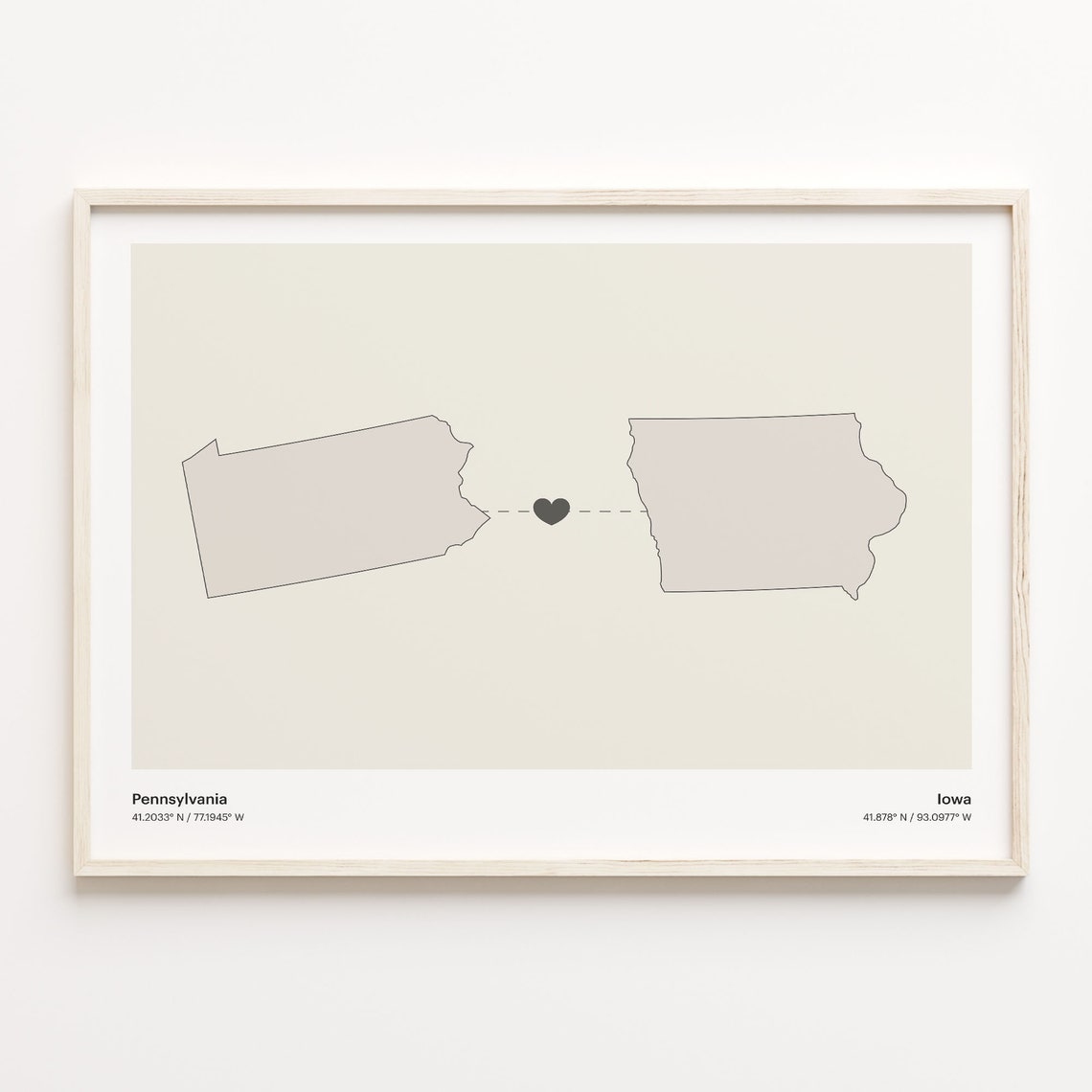 Pennsylvania To Iowa Heart Connection Minimalist Beige Map Poster