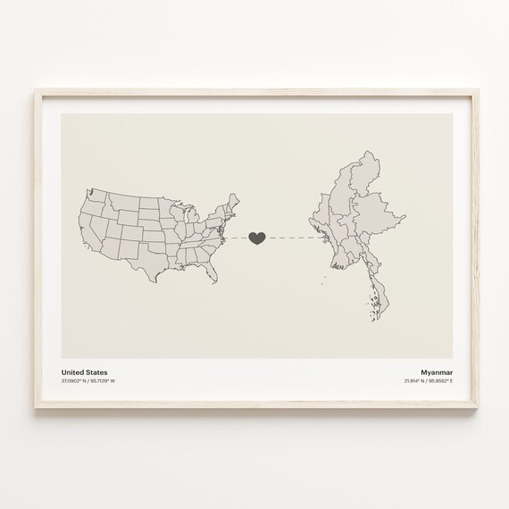 United States To Myanmar Minimalist Heart Map Connection Gift Poster