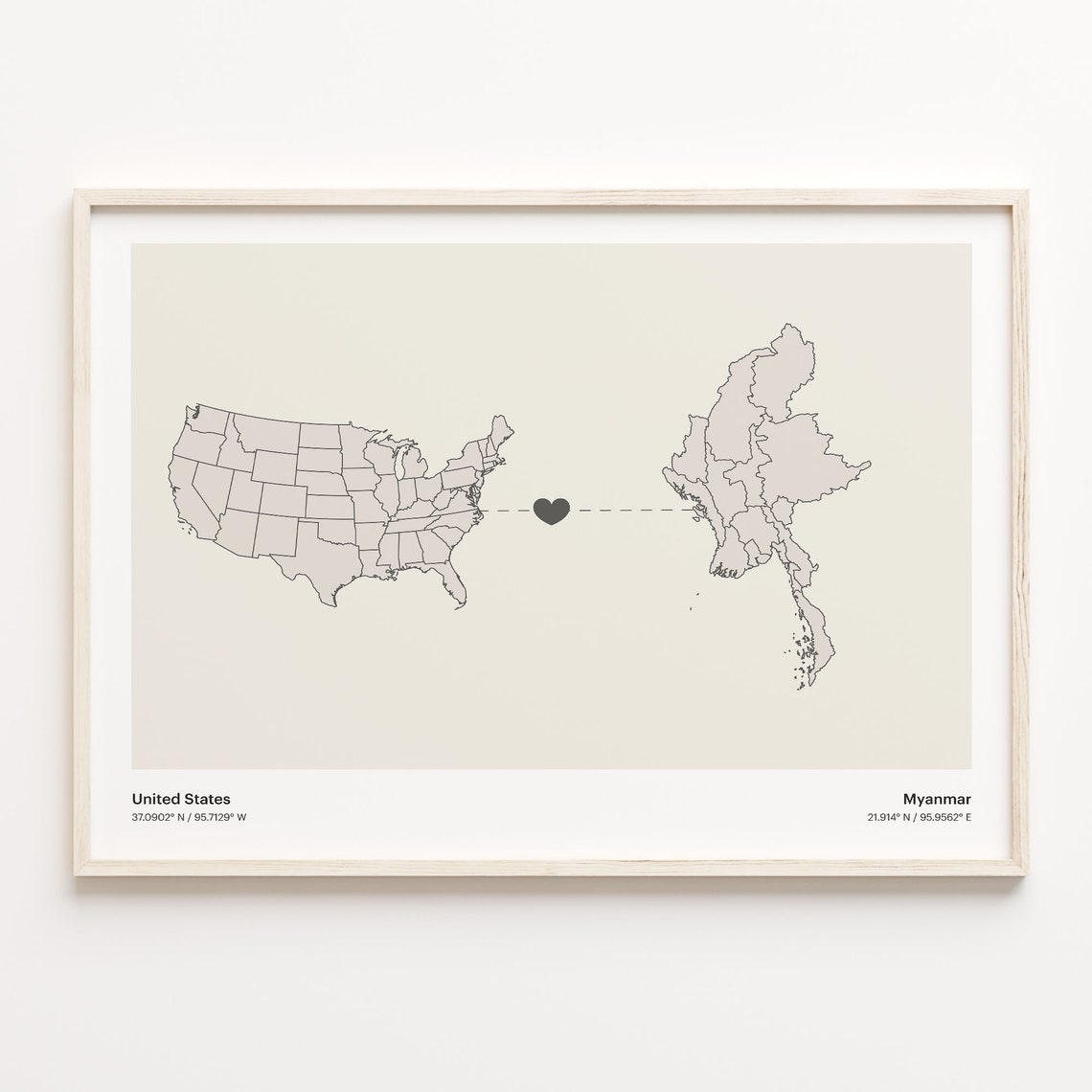 United States To Myanmar Minimalist Heart Map Connection Gift Poster