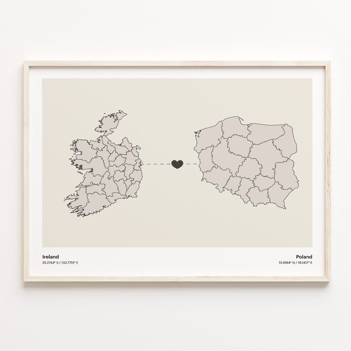 Ireland to Poland Long Distance Heart Map Minimalist Connection Poster