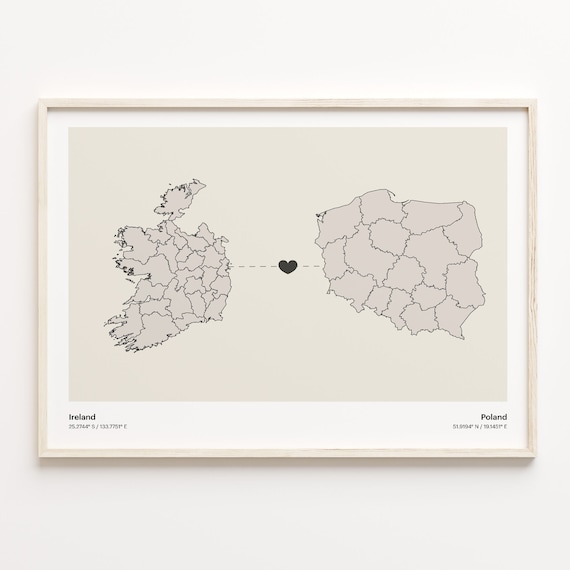 Ireland to Poland Long Distance Heart Map Minimalist Connection Poster