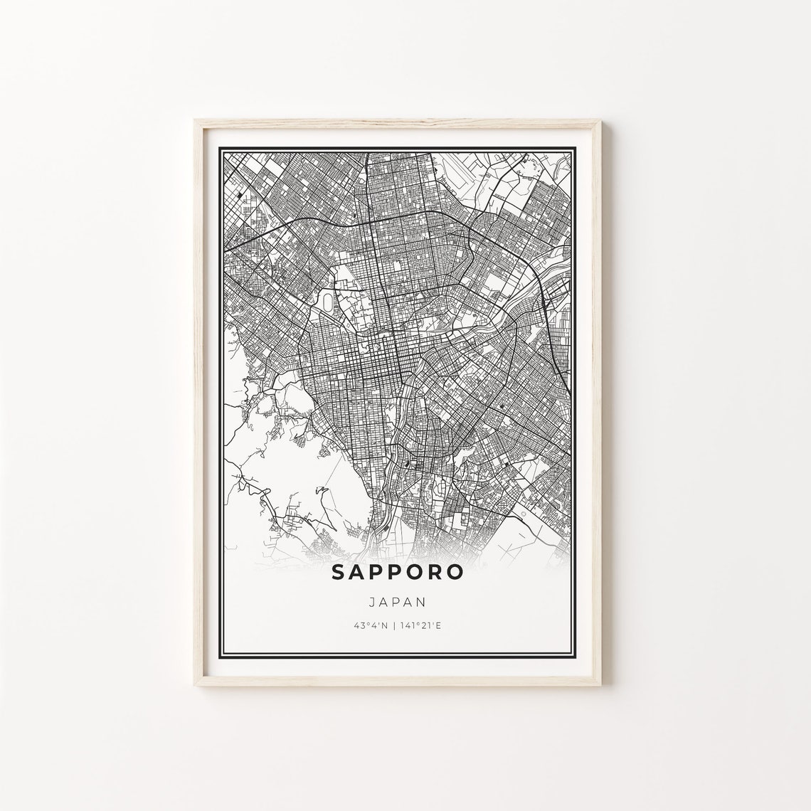 Sapporo Japan Minimalist Black White City Street Map Art Poster