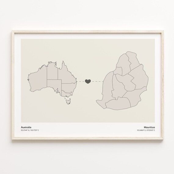 Australia To Mauritius Heart Map Minimalist Country Connection Poster
