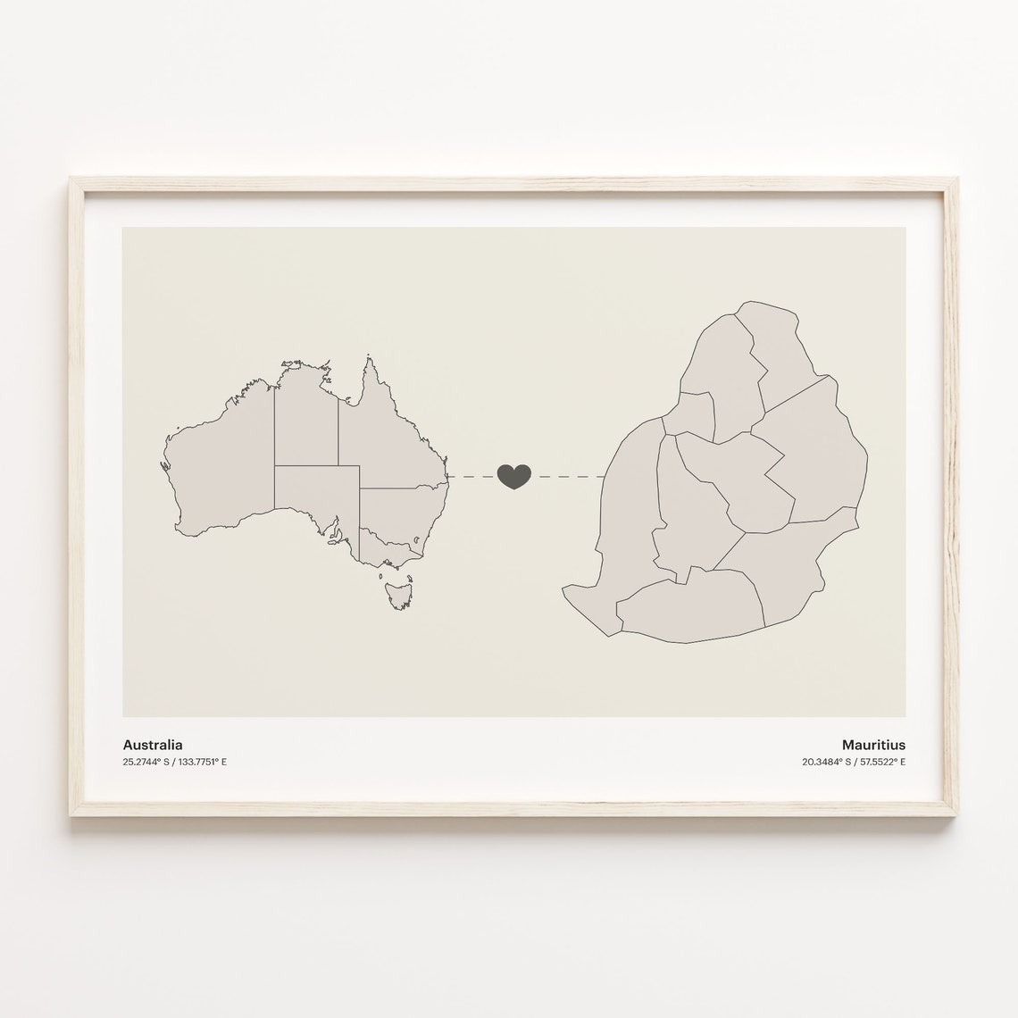 Australia To Mauritius Heart Map Minimalist Country Connection Poster