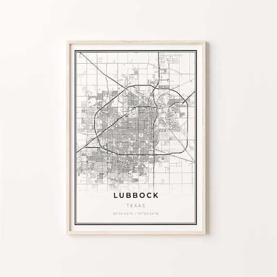 Lubbock Texas City Map Minimalist Black and White Line Art Poster