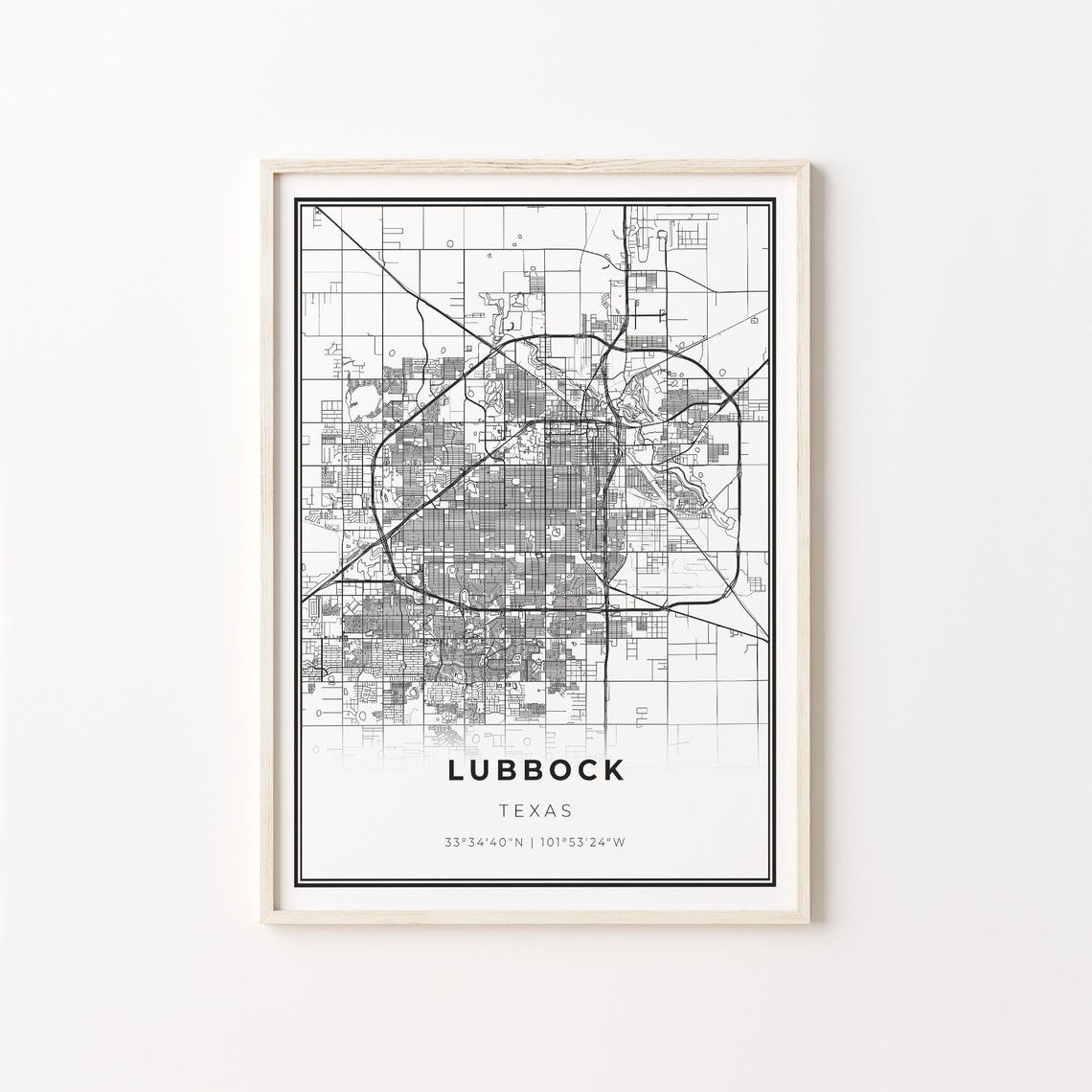 Lubbock Texas City Map Minimalist Black and White Line Art Poster