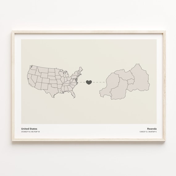 United States to Rwanda Minimalist Connection Map Art Print