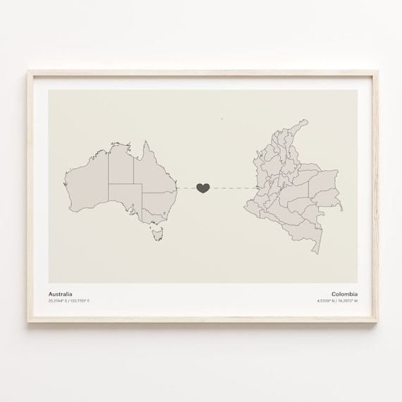 Australia To Colombia Minimalist Map Heart Connection Gift Poster