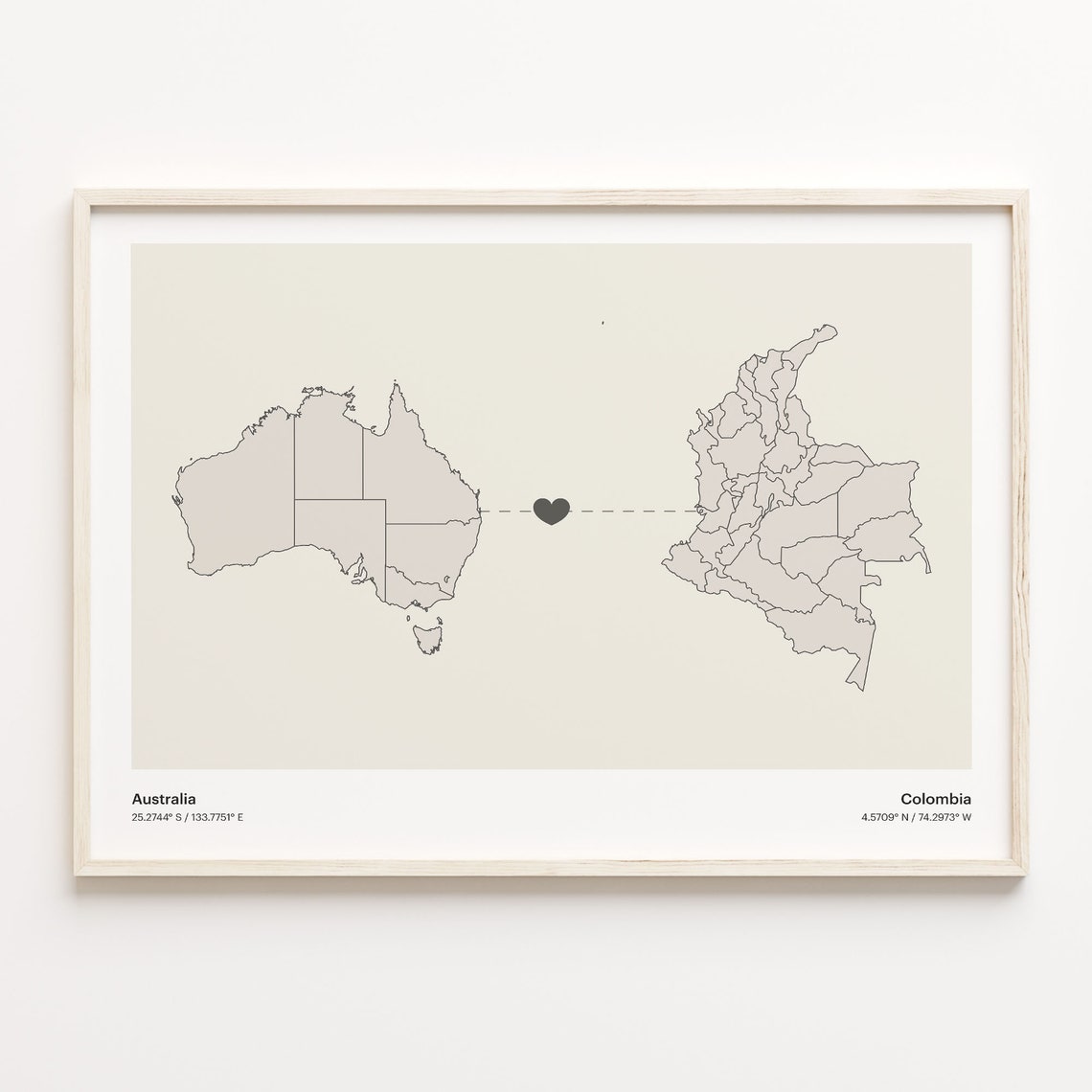 Australia To Colombia Minimalist Map Heart Connection Gift Poster