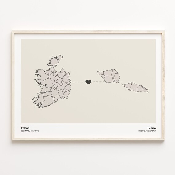 Ireland and Samoa Long Distance Heart Connection Map Decor Poster