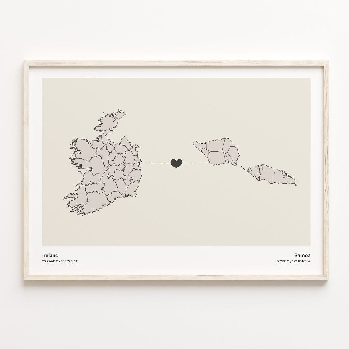 Ireland and Samoa Long Distance Heart Connection Map Decor Poster