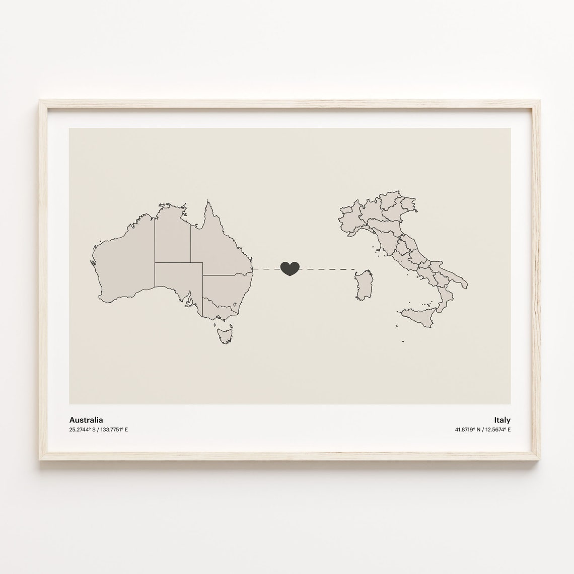 Australia to Italy Long Distance Heart Connection Map Poster
