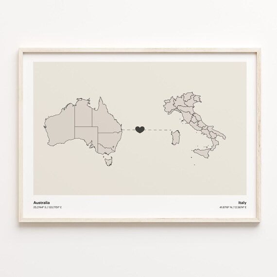 Australia to Italy Long Distance Heart Connection Map Poster