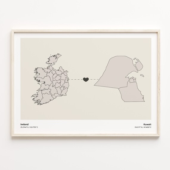 Ireland To Kuwait Minimalist Heart Map Long Distance Love Poster