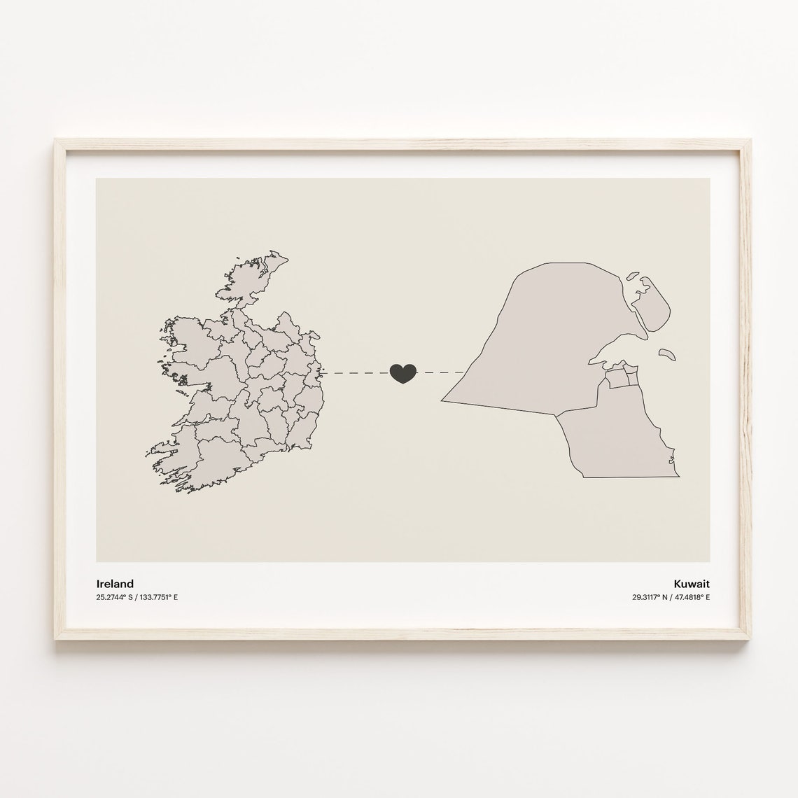 Ireland To Kuwait Minimalist Heart Map Long Distance Love Poster