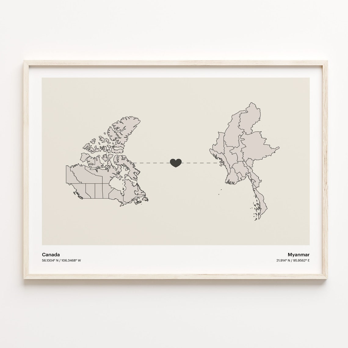 Canada To Myanmar Minimalist Love Connection Map Travel Poster