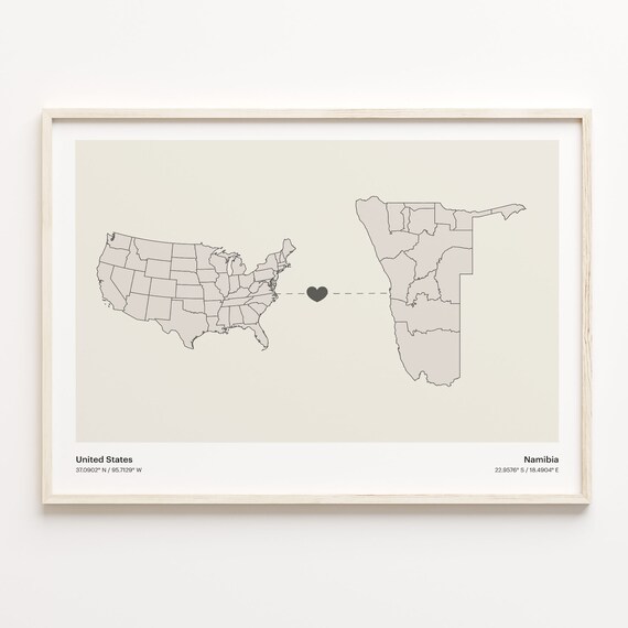 United States To Namibia Long Distance Heart Connection Map Poster