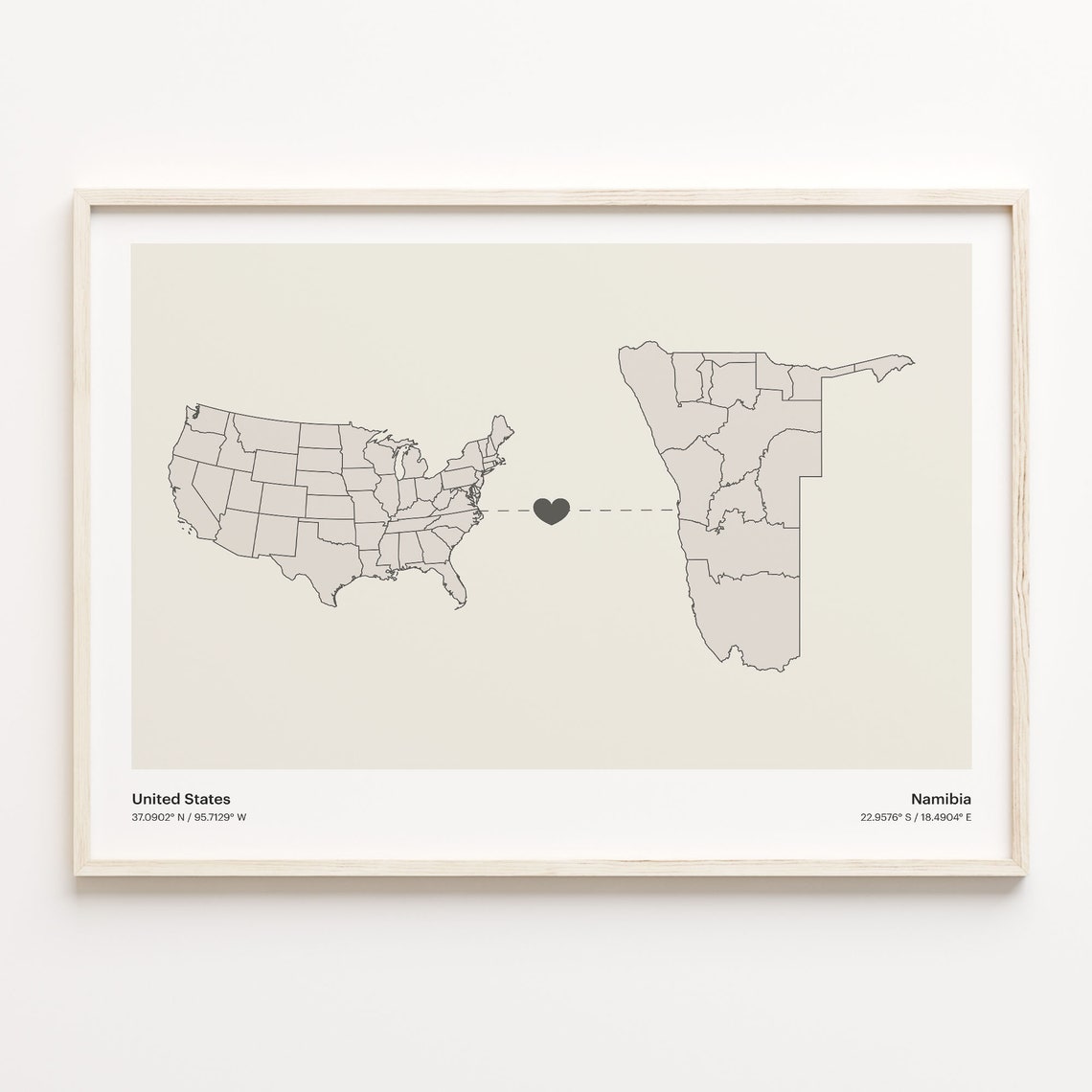 United States To Namibia Long Distance Heart Connection Map Poster