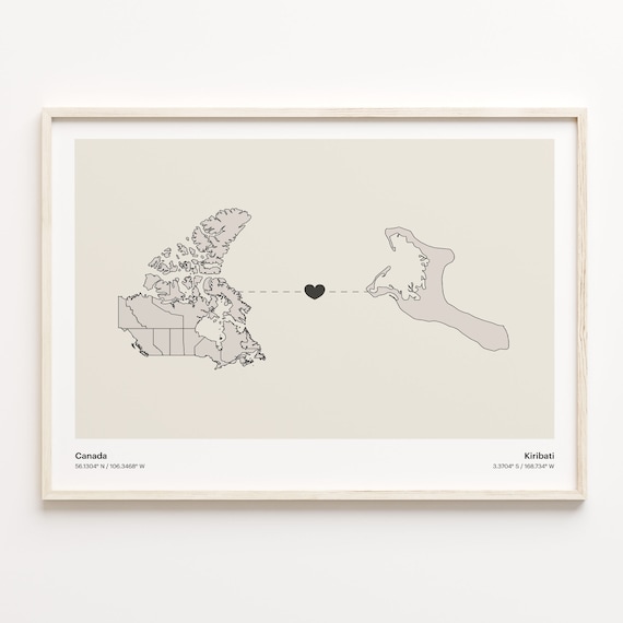 Canada Kiribati Heart Connection Map Minimalist Long Distance Gift Poster