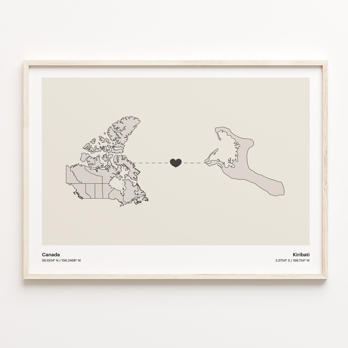 Canada Kiribati Heart Connection Map Minimalist Long Distance Gift Poster
