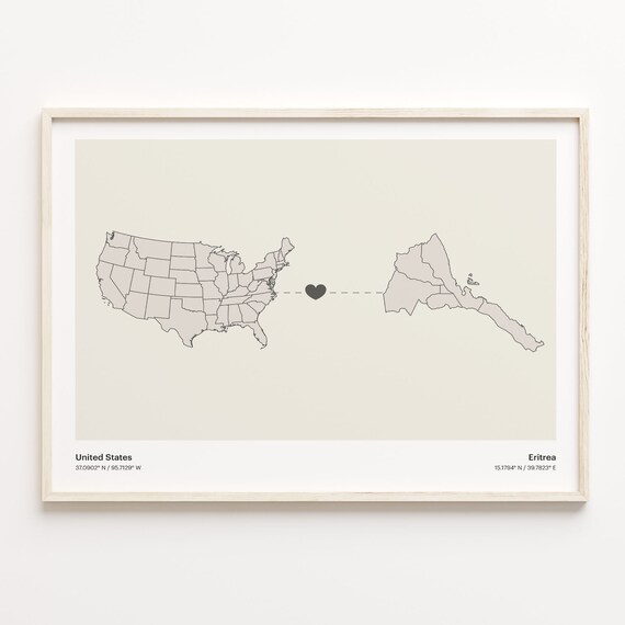 United States To Eritrea Long Distance Heart Connection Map Poster