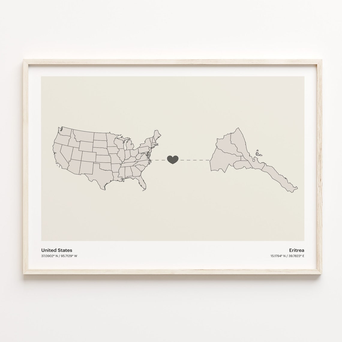 United States To Eritrea Long Distance Heart Connection Map Poster