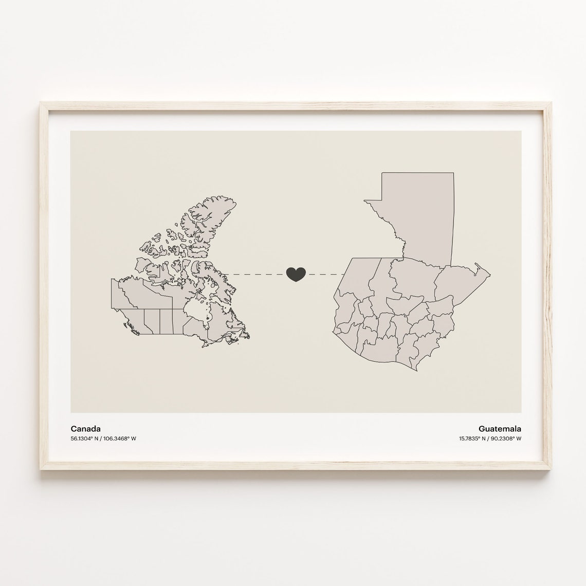 Canada To Guatemala Soft Beige Heart Connection Minimalist Map Poster