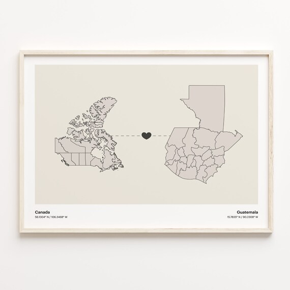 Canada To Guatemala Soft Beige Heart Connection Minimalist Map Poster