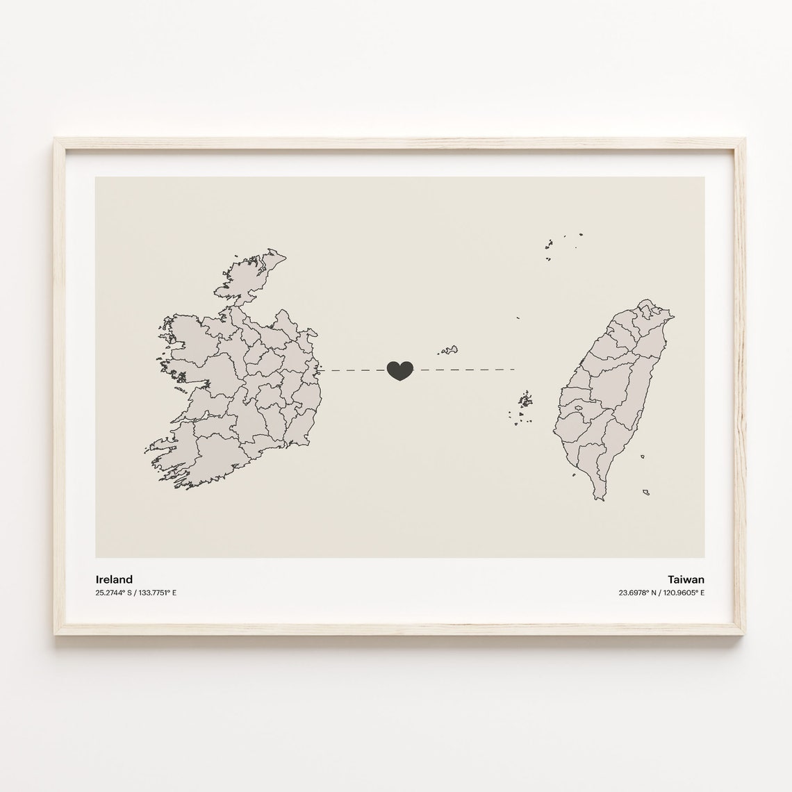 Ireland Taiwan Long Distance Love Connection Heart Map Poster