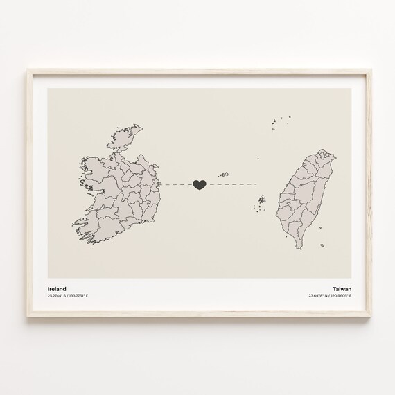 Ireland Taiwan Long Distance Love Connection Heart Map Poster