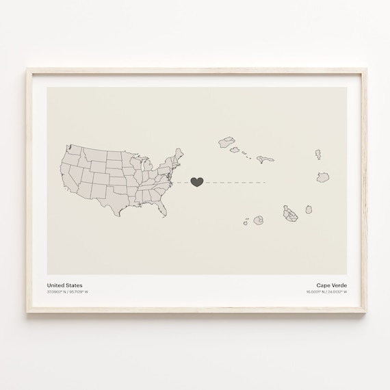 United States Cape Verde Long Distance Heart Connection Map Poster