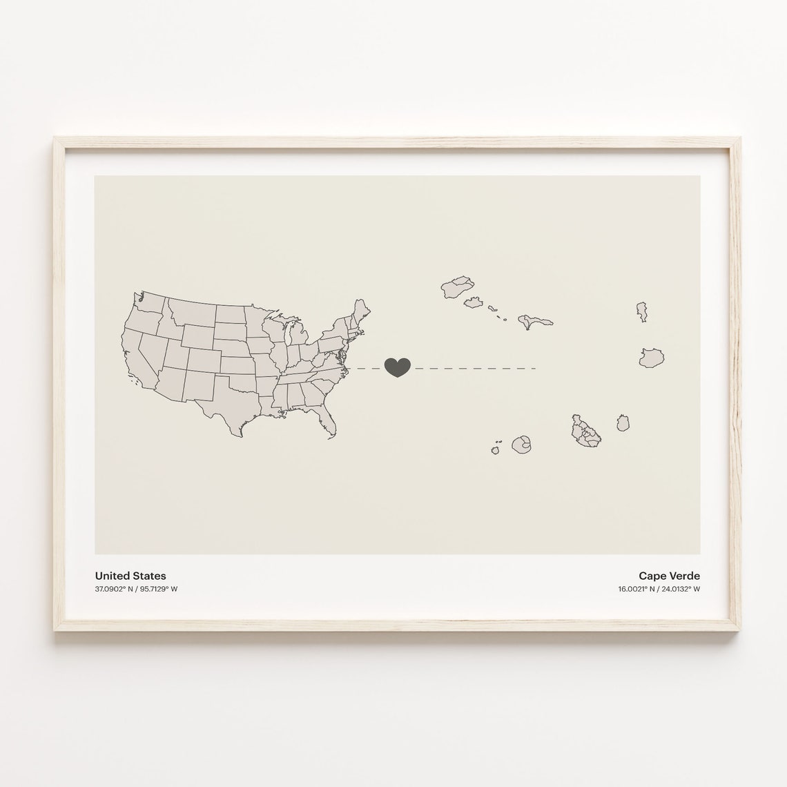 United States Cape Verde Long Distance Heart Connection Map Poster