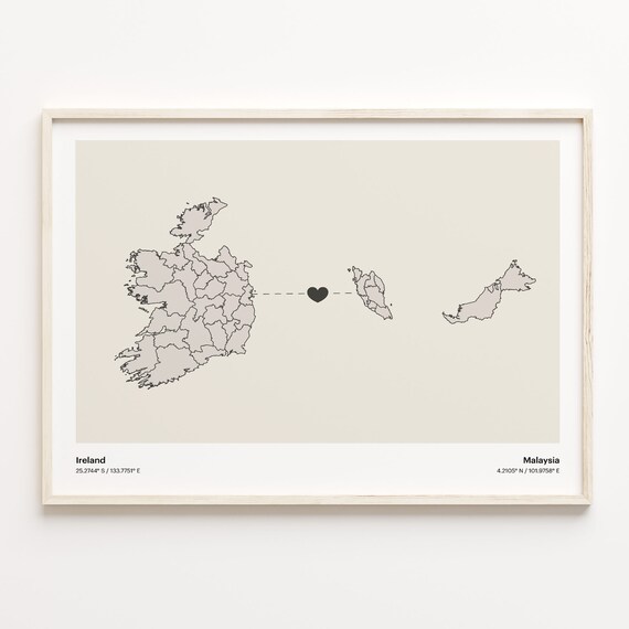 Ireland To Malaysia Minimalist Heart Long Distance Connection Poster