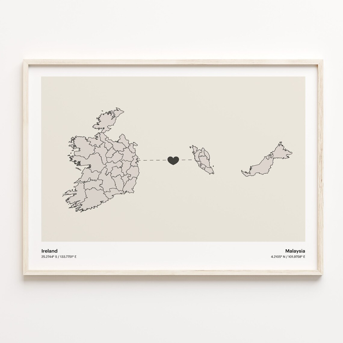 Ireland To Malaysia Minimalist Heart Long Distance Connection Poster