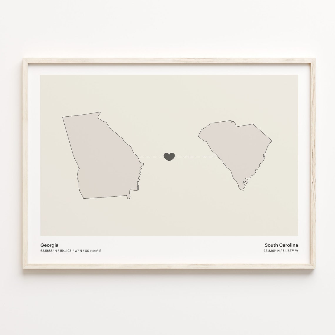 Georgia To South Carolina Heart Connection Minimalist Beige Map Poster