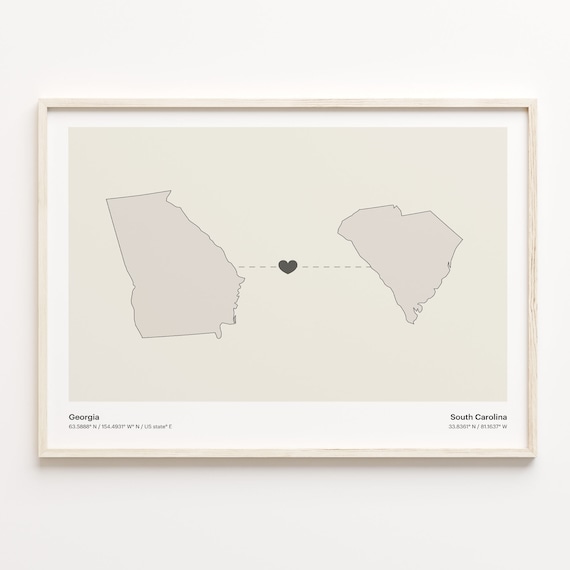 Georgia To South Carolina Heart Connection Minimalist Beige Map Poster