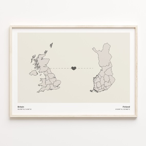 Britain To Finland Minimal Heart Country Connection Map Poster