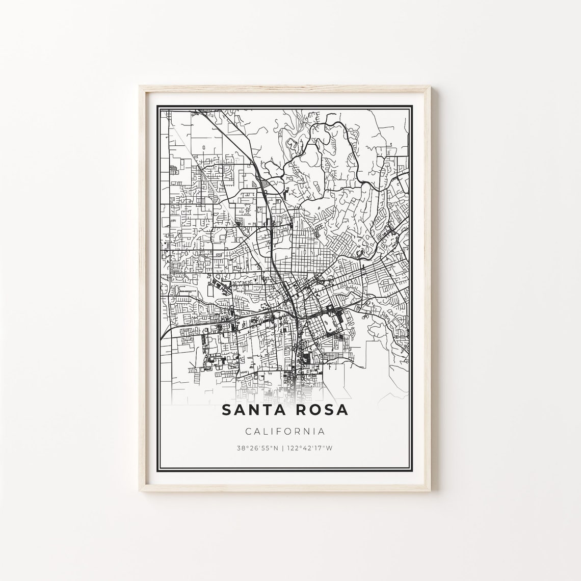 Santa Rosa California Minimalist City Street Map Travel Decor Poster