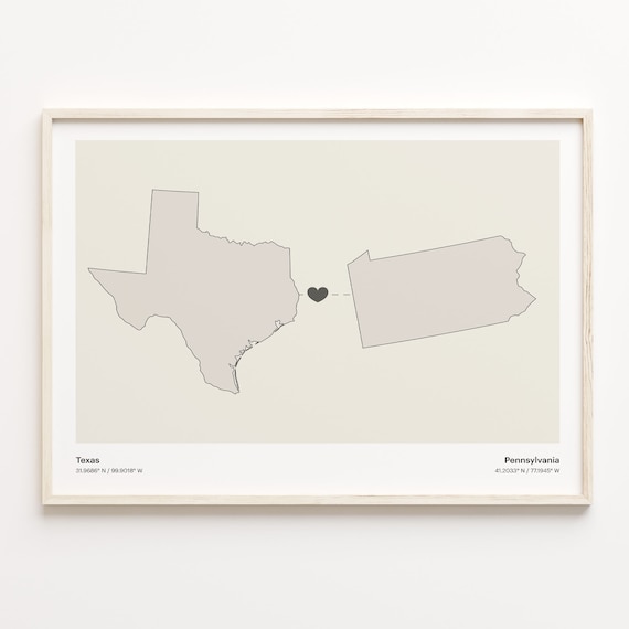 Texas Pennsylvania Beige Minimalist Heart Connection Map Poster