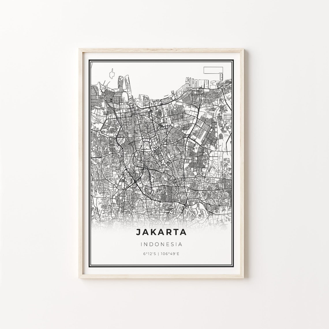 Jakarta Indonesia Black and White Street Map Minimalist Decor Poster