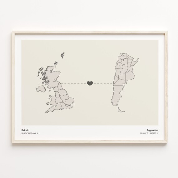 Britain To Argentina Long Distance Love Heart Map Minimalist Poster